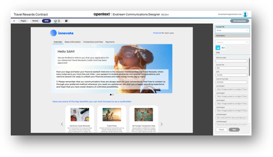 Screenshot displays OpenText Exstream Communications Designer 23.4.