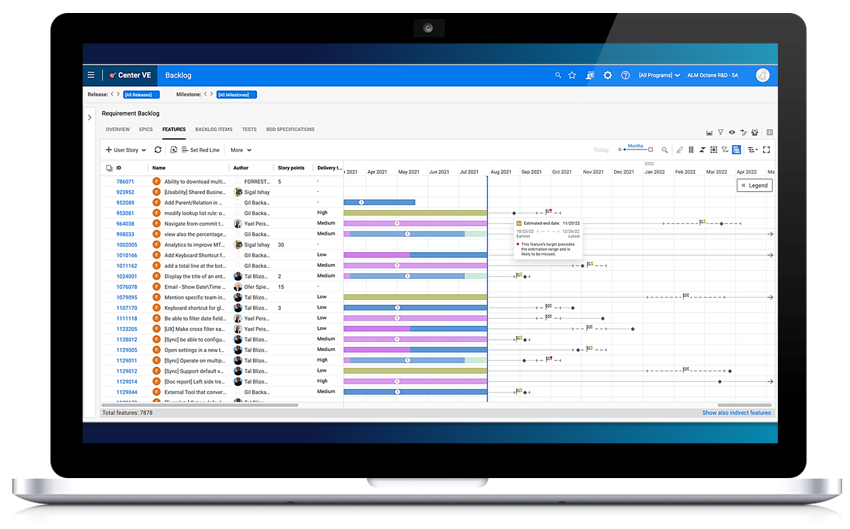 laptop with screenshot of requirement backlog list, showing estimated end dates for each feature