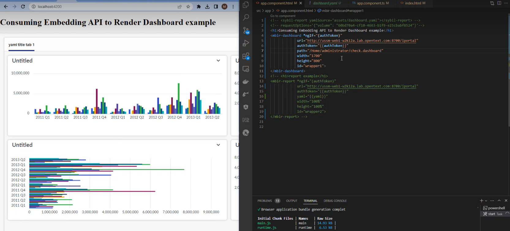 Screenshot of a visual dashboard with bar graphs beside a screen with computer code. Declarative BI with embedding API.