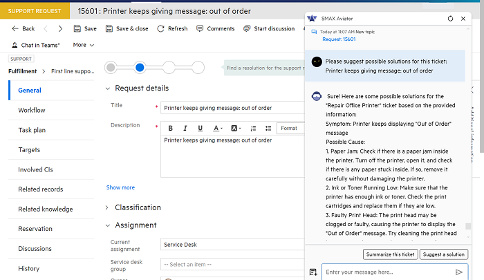 OpenText SMAX Aviator chat with agent screen