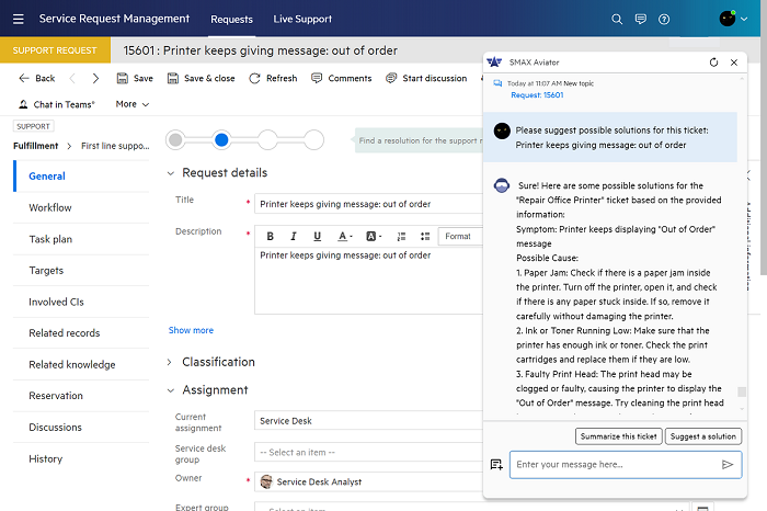 OpenText SMAX Aviator chat with agent screen
