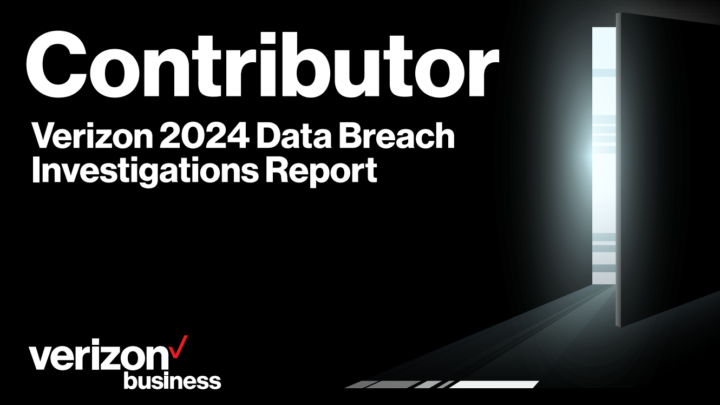 A black room with a slightly open door on the right with light shining through. The text on the left of the image reads "Contributor Verizon 2024 Data Breach Investigations Report" with the Verizon Business logo in the bottom left corner.