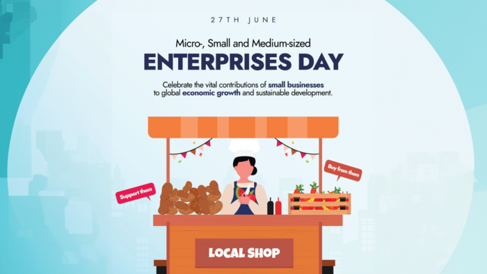 This is an image promoting internationally recognized MSME Day on June 27 with tag line shop local