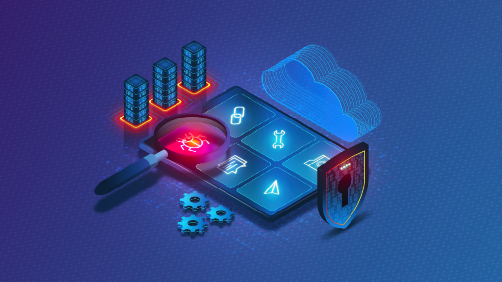 Image has a blue background with a tablet in the center. Unless otherwise stated, all parts of this image are in various shades of blue. To the right of the tablet, there is a shield with a keyhold. On the top side of the tablet there is a cloud symbol. On the left there are three stacks meant to represent servers with red outlines around the bottom of the stack and on the bottom side are three gear wheels. On the tablet, there are 6 images, including a link, a wrench, a file folder, a bug, a message symbol, and a paper airplane. There is a magnifying glass hovering over the bug. All of the symbols are white on a blue background, except for the bug, which is red.