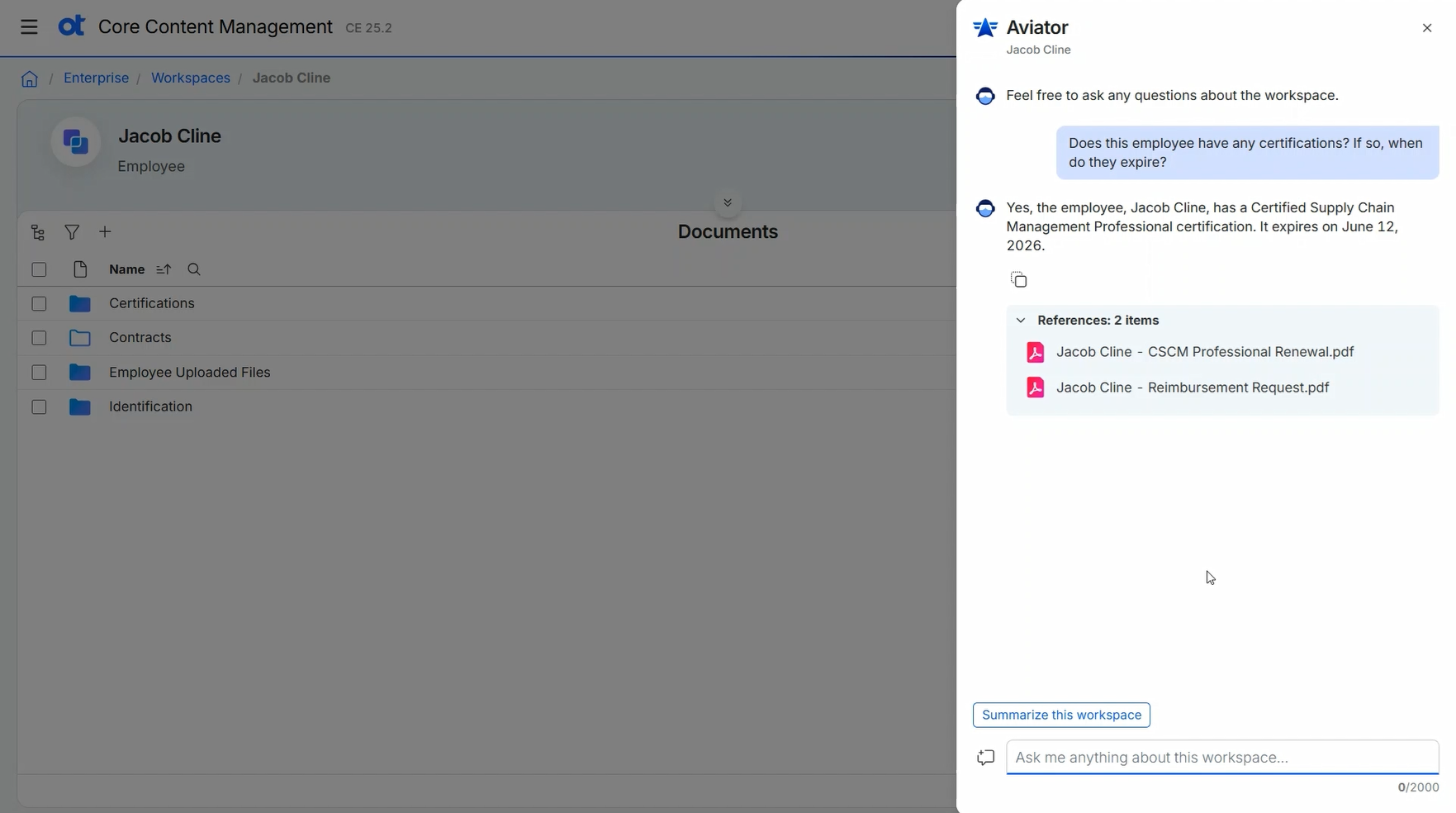 Screenshot of OpenText Content Aviator returning an answer and linked files after an HR manager asked if an employee has professional certifications and when they expire.