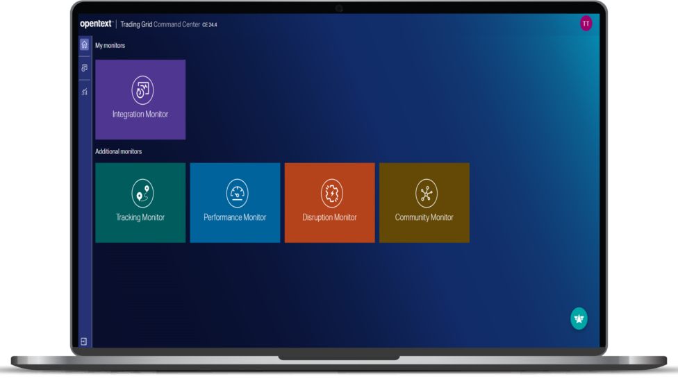 This is an image for the home screen for OpenText Trading Grid Command Center with links to Tracking Monitor, Performance Monitor, Disruption Monitor and Community Monitor.