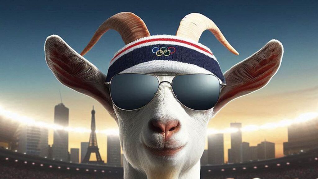 This is an image of a stylized GOAT with an Olympic bandana and a cityscape of Paris in the background.