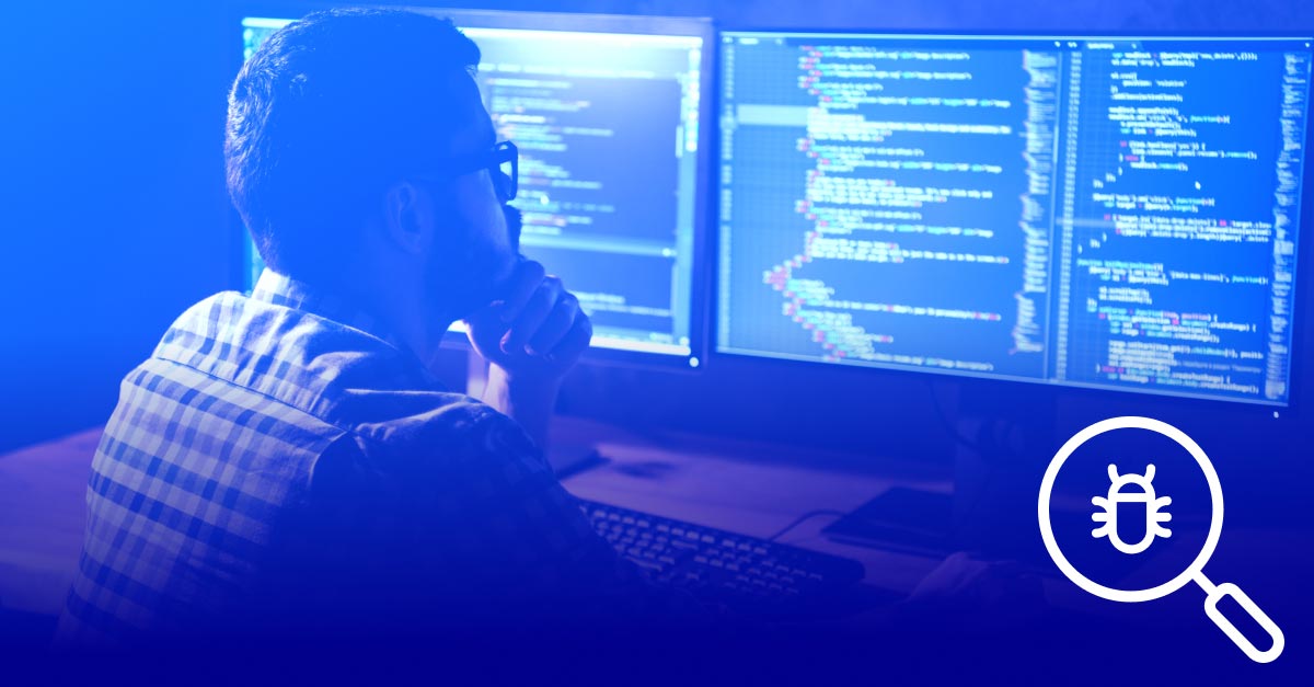 A man is looking at computer screens with threat reports on them. In the bottom right corner, there is a magnifying glass symbol with a bug inside. Everything except the symbol has a blue overlay.