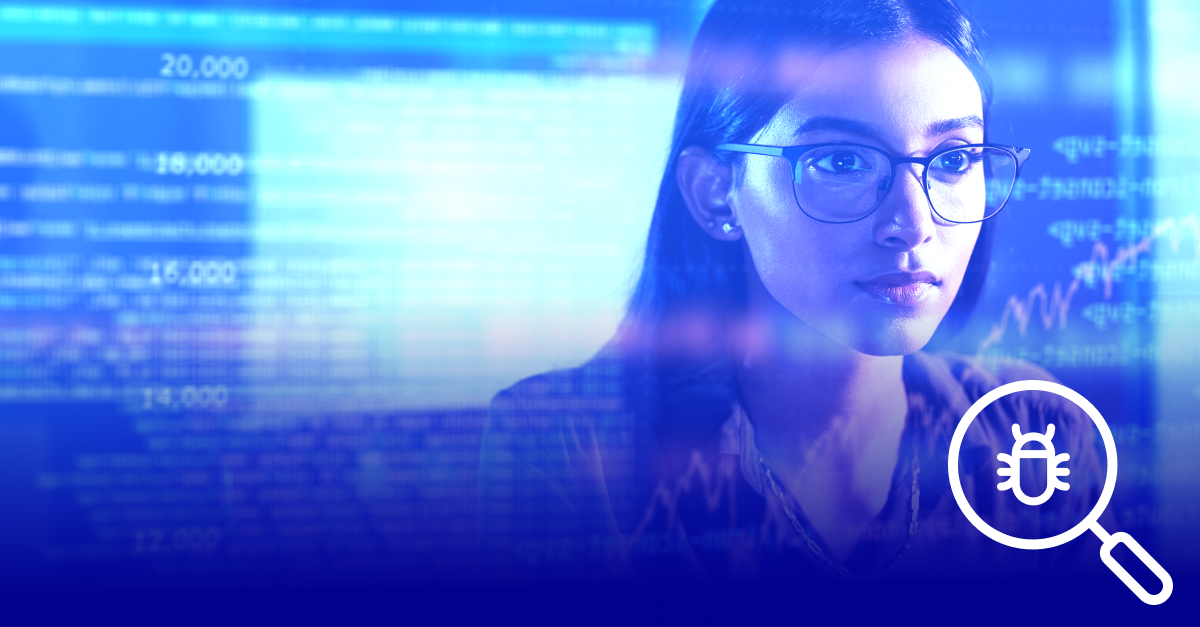 A computer screen shows code on it, with a woman's face reflected. In the bottom right corner, there is a magnifying glass symbol with a bug inside. Everything except the symbol has a blue overlay.