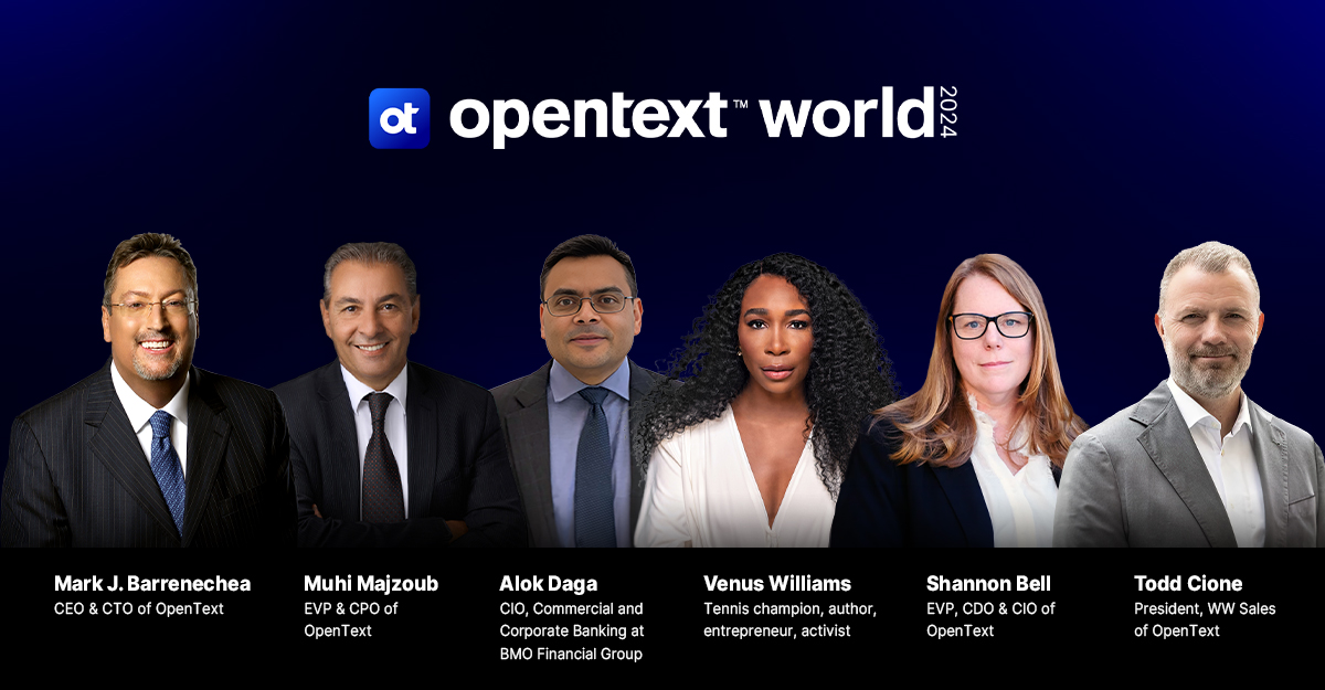 Headshots of the OpenText World speakers. From left to right: Mark J. Barrenechea, Muhi Majzoub, Alok Daga, Venus Williams, Shannon Bell, Todd Cione