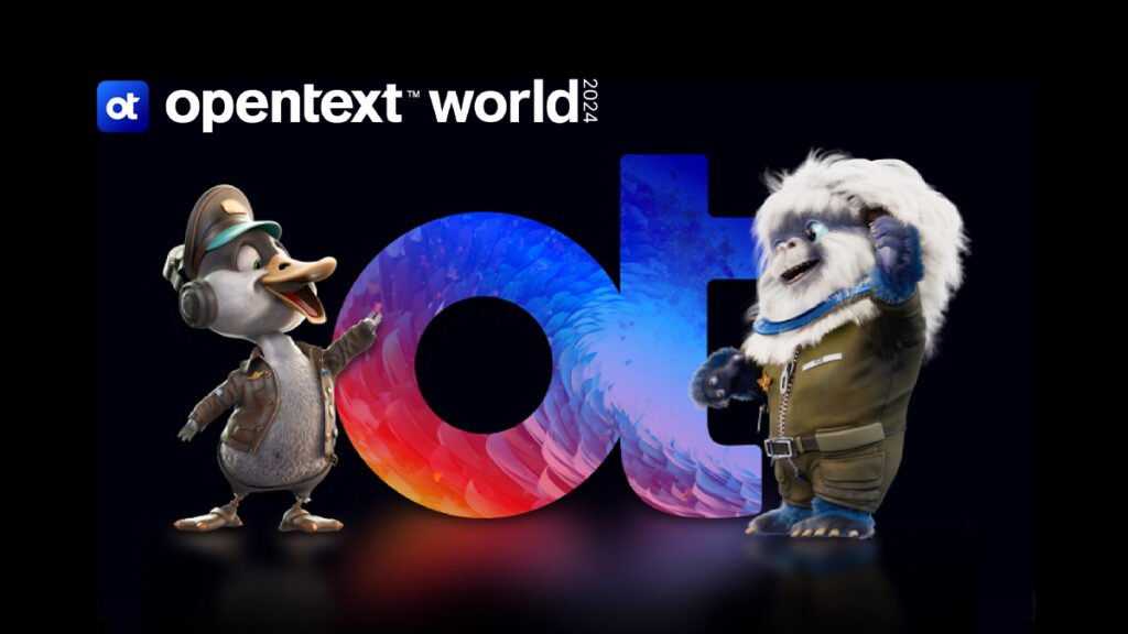 OpenText characters. a Duck and a Yeti, in flight outfits in front of the OpenText 