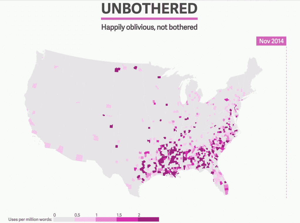 An interactive map tracks the rise over time of new words such as "unbothered." Image courtesy of Quartz.