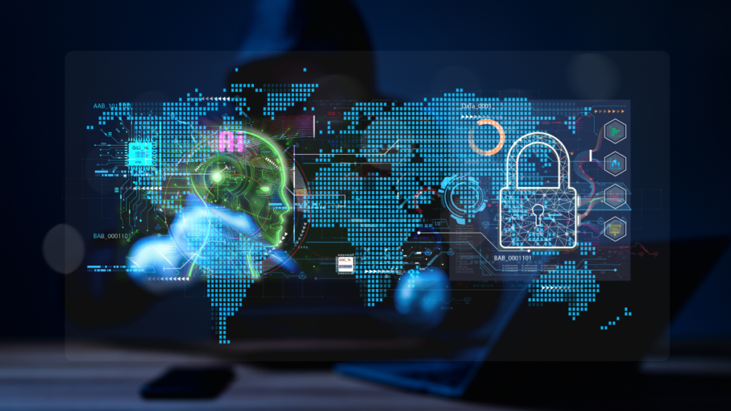 The image depicts a person wearing a dark hoodie and a mask, sitting in front of a computer with multiple screens displaying code and security alerts. The code and alerts form an outline of the continents and there is a robotic green head outlined on the left side.