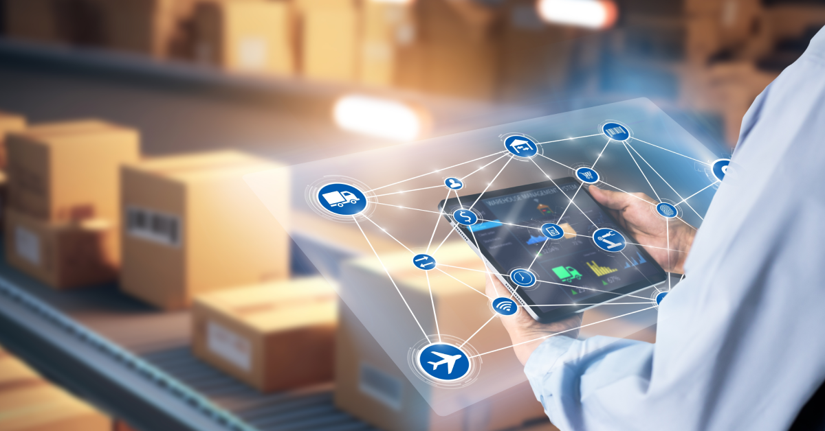 This is an image representing supply chain visibility with a screen superimposed over a conveyor belt.