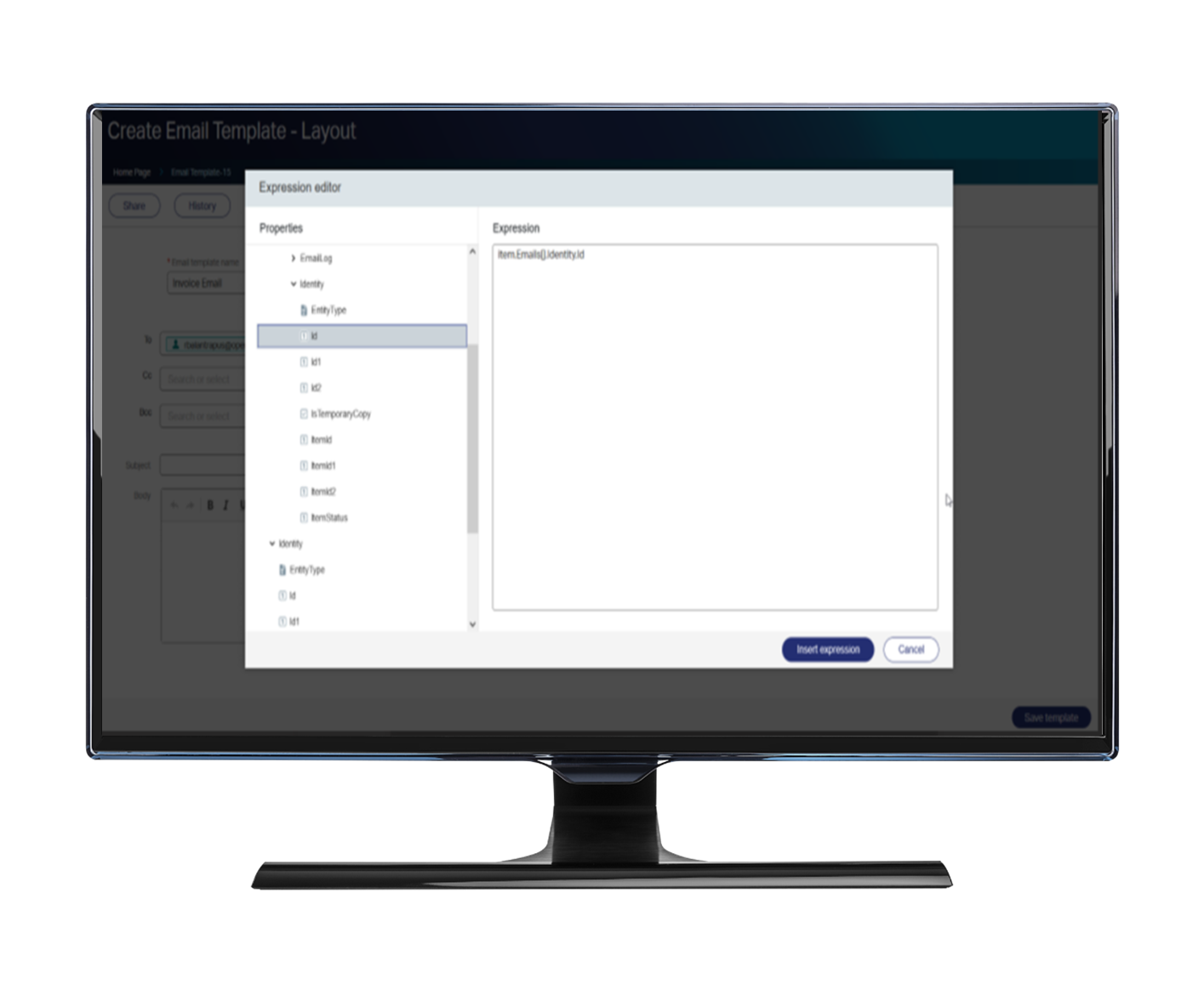 A screenshot showing the email template expression editor in OpenText AppWorks