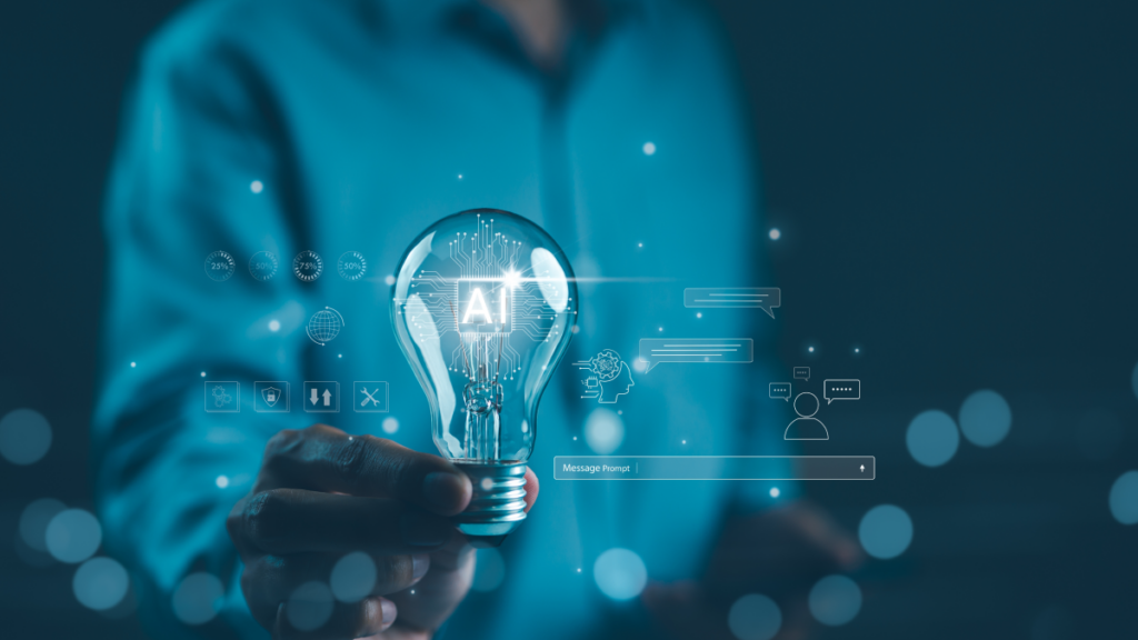 mid-shot of person holding a lit lightbulb; icons float around it, with 