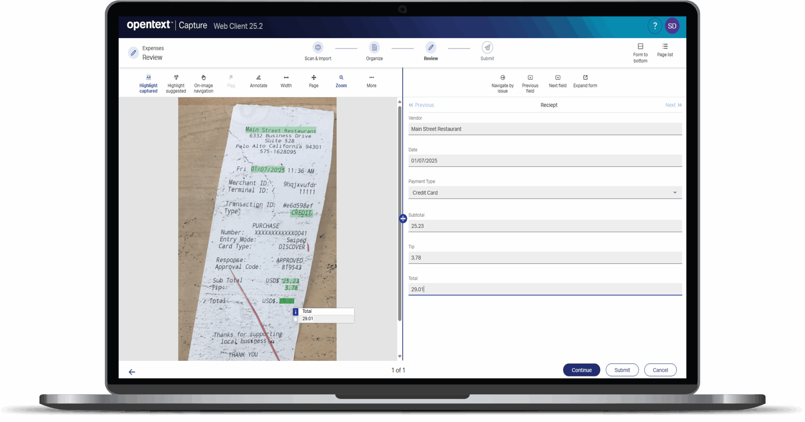 A screenshot of OpenText Capture extracting data from a mobile image of a paper receipt that is wrinkled and inked