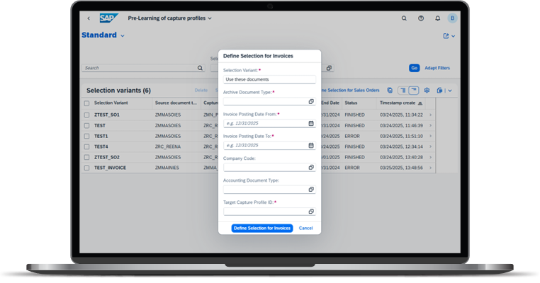 See a screenshot that shows how to select historic invoices for training purposes.  The selection criteria includes the archive document type, posting date range, company code, and financial document type.