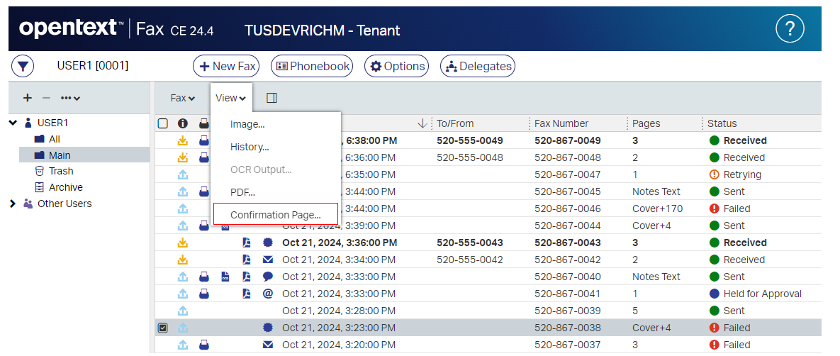 The OpenText Fax screenshot displays a confirmation menu which shows failed faxes along with digital faxes that were received, sent, retrying and held for approval.