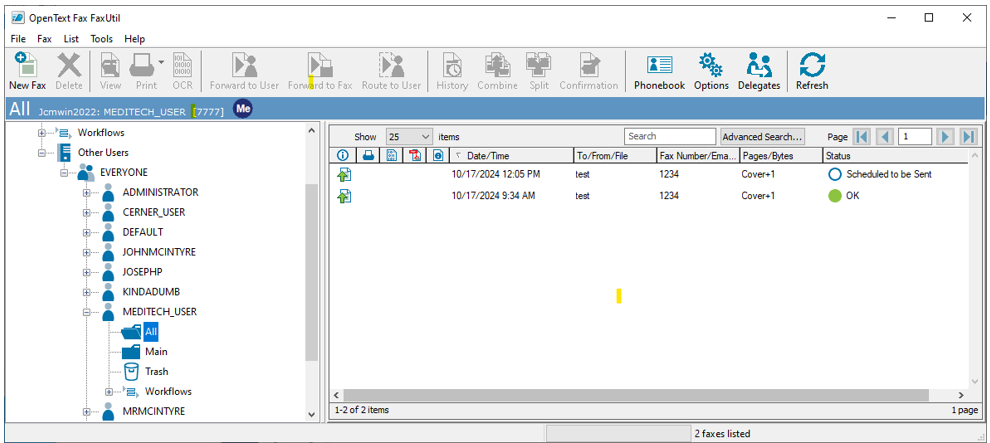 Screenshot displays the OpenText Fax UI, showing the digital fax server software integration with the Meditech EMR.
