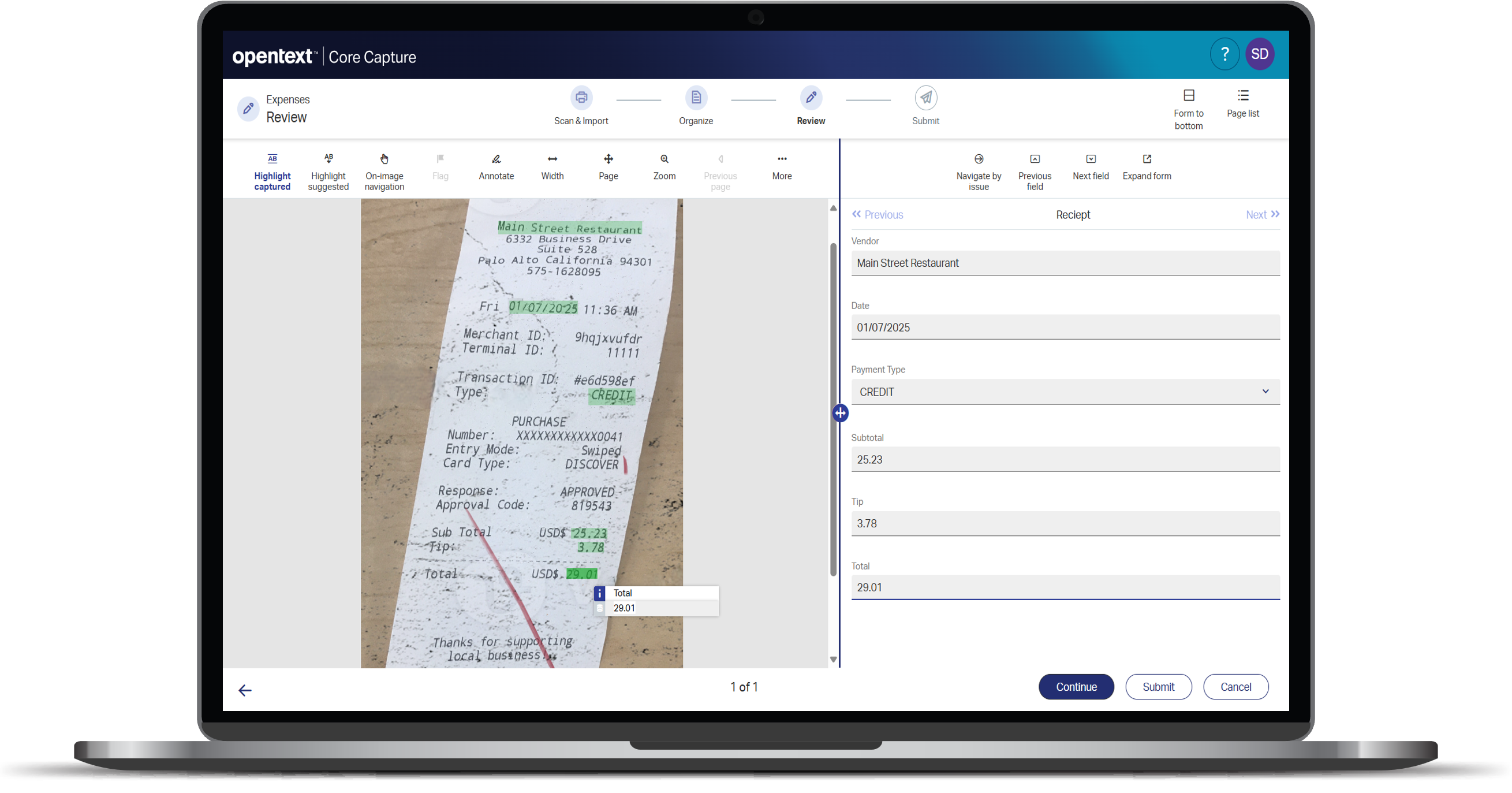 See a screenshot of OpenText Core Capture extracting data from a mobile image of a paper receipt that is wrinkled and inked. 
