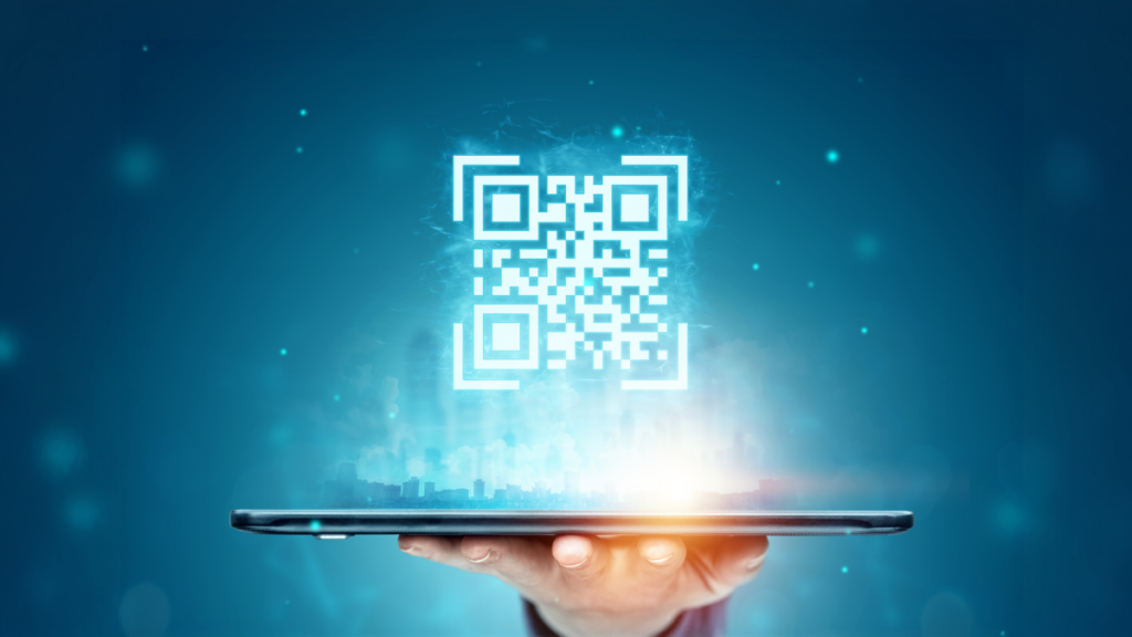 Person holding a table that shows a QR code