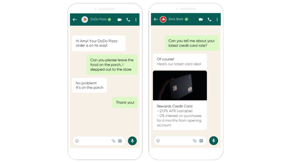 Screenshot displays RCS messaging from a business to a consumer.