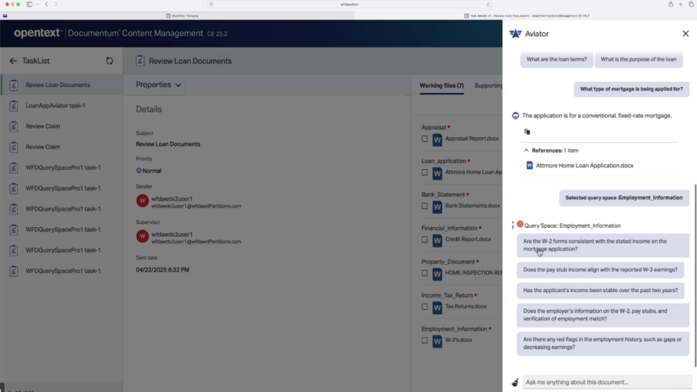 Screenshot of OpenText Content Aviator within OpenText Documentum Content Management