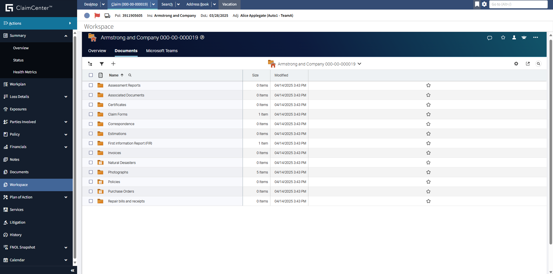 Screenshot of OpenText Content Management within the Guidewire UI.