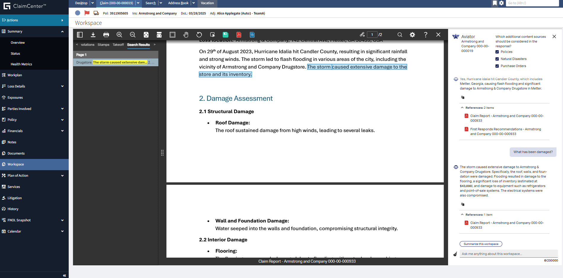 Screenshot of OpenText Content Aviator within the Guidewire UI.