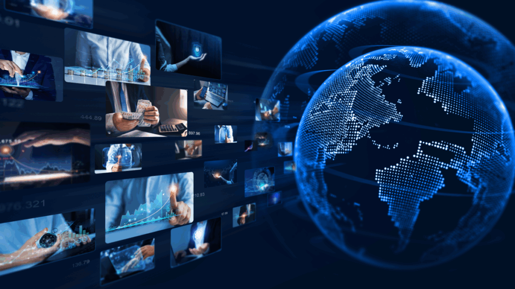 Digital world display with various screens containing miscellaneous graphs and business processes.