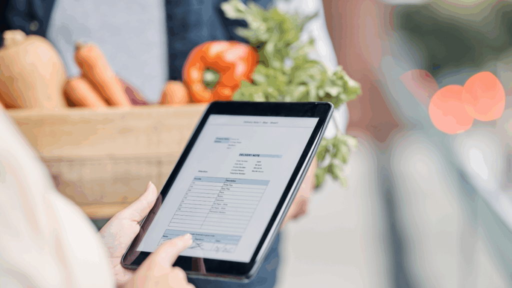 two hands holding a tablet with lettuce and other vegetables displayed behind them