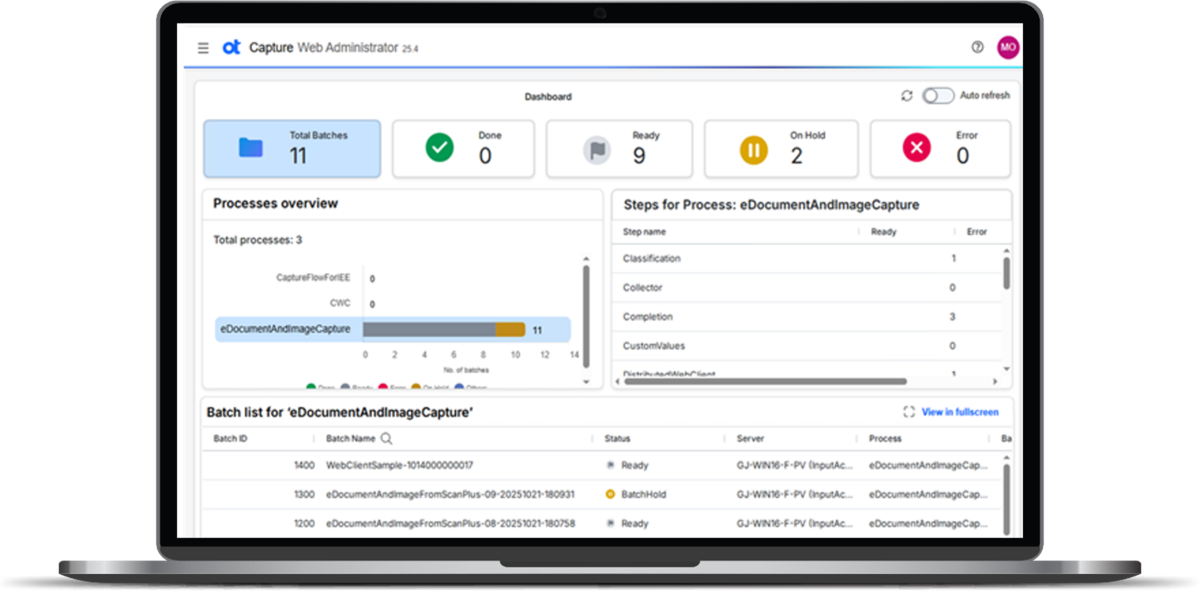 See a screenshot of an OpenText Capture administration dashboard, viewed from a browser. 