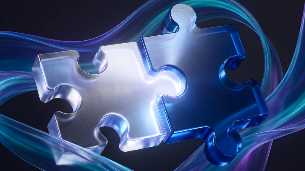 Swirling lines around 2 pieces of a puzzle that fit together