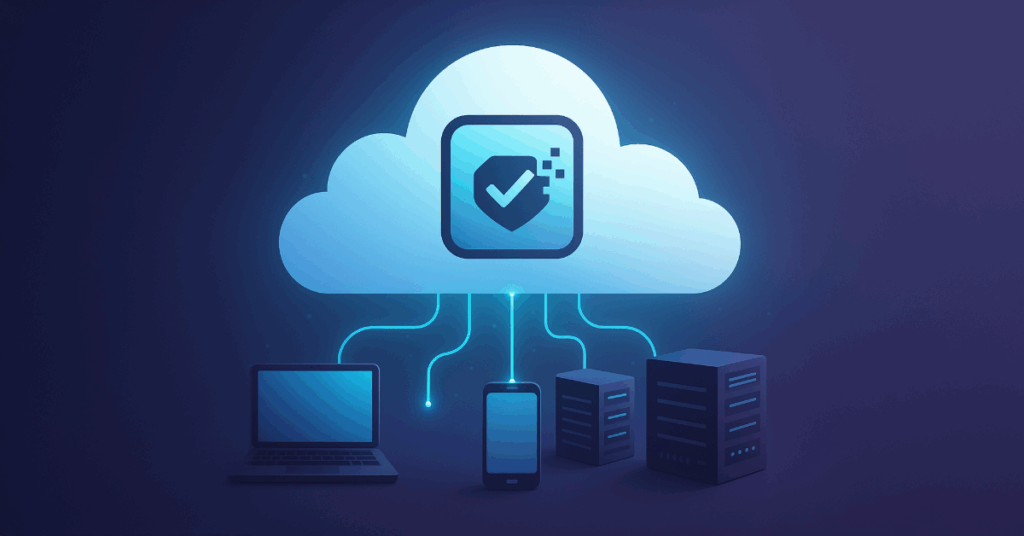 White cloud on blue background indicating data uploading to it.