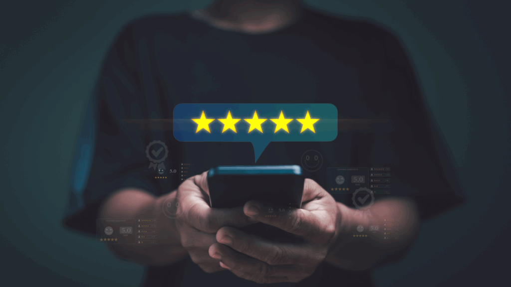 five stars for userevidence hovering over man typing into mobile device