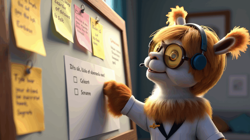 An OpenText character posting notes on a board