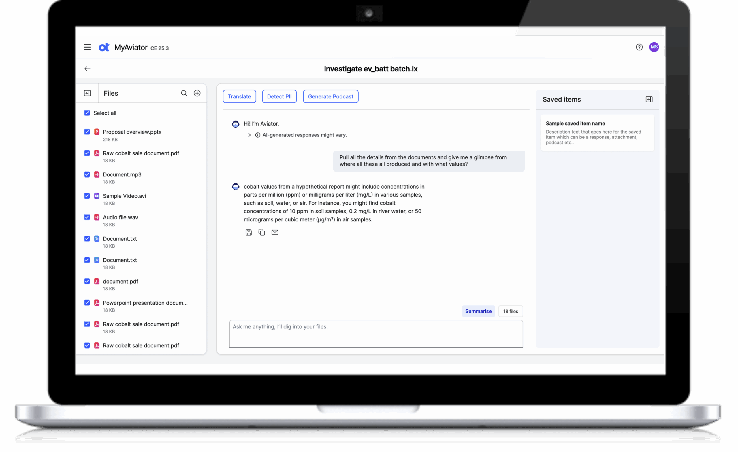 Screenshot of OpenText MyAviator analyzing multiple files and summarizing data via AI chat interface.