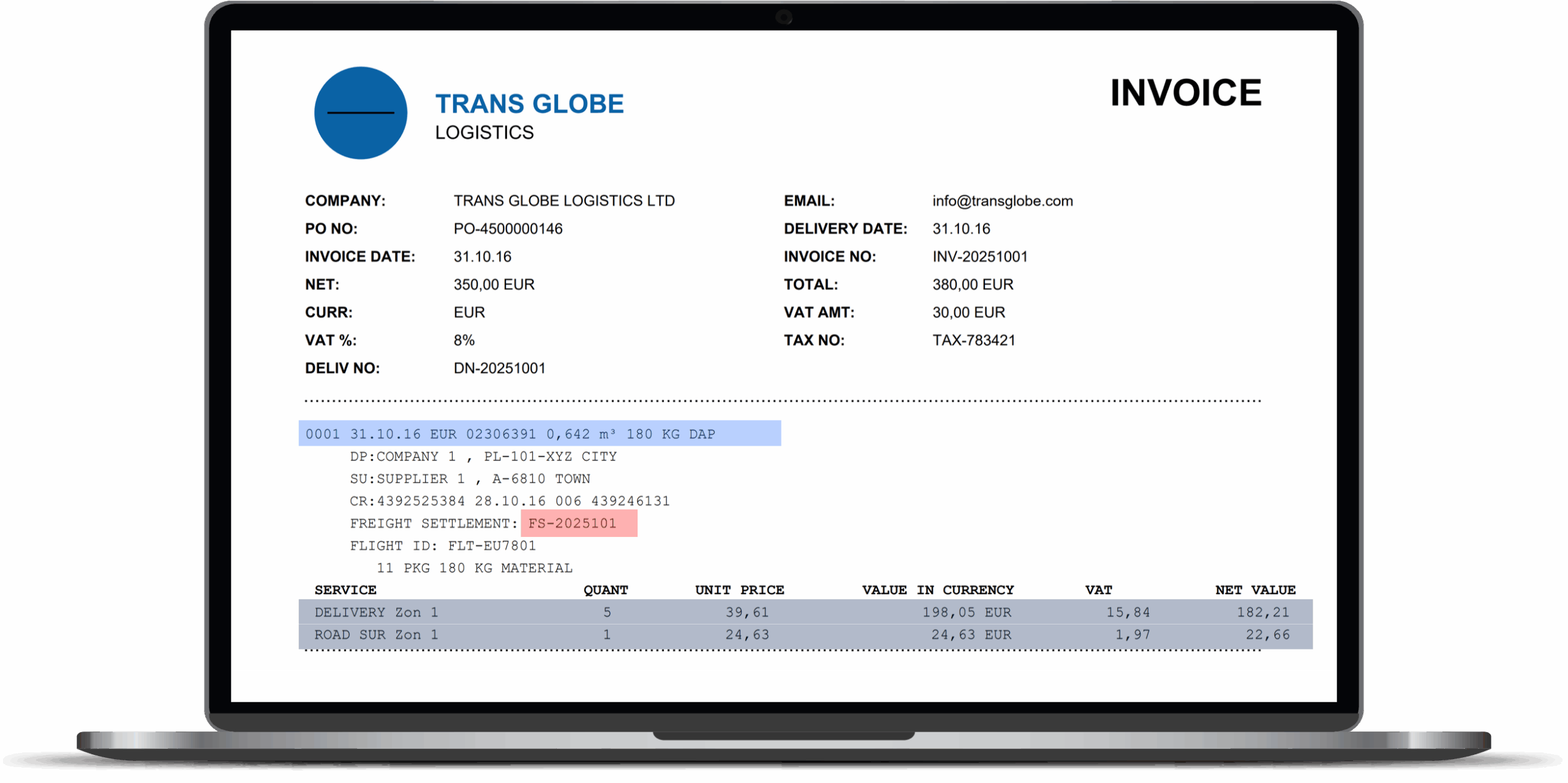 See screenshot of an invoice processed by OpenText Core Capture for SAP Solutions