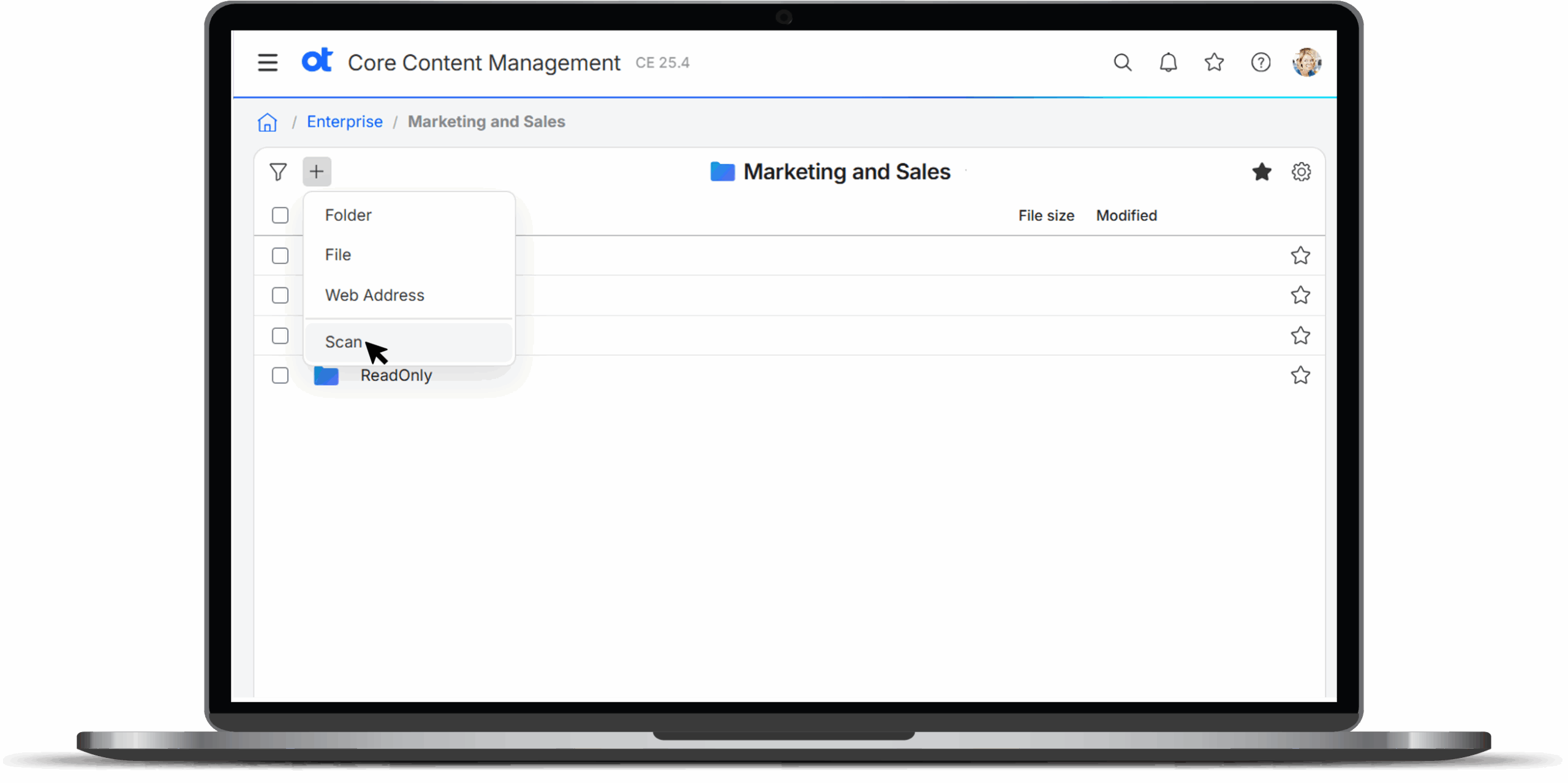 See screenshot of OpenText Core Capture integration within the OpenText Core Content Management UI