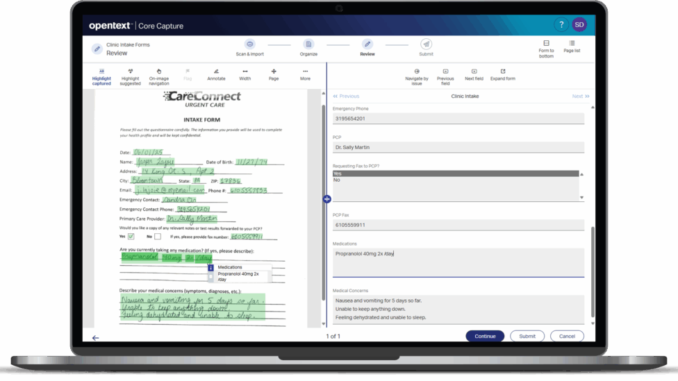 See a screenshot of OpenText Core Capture extracting data from a form with handwriting.