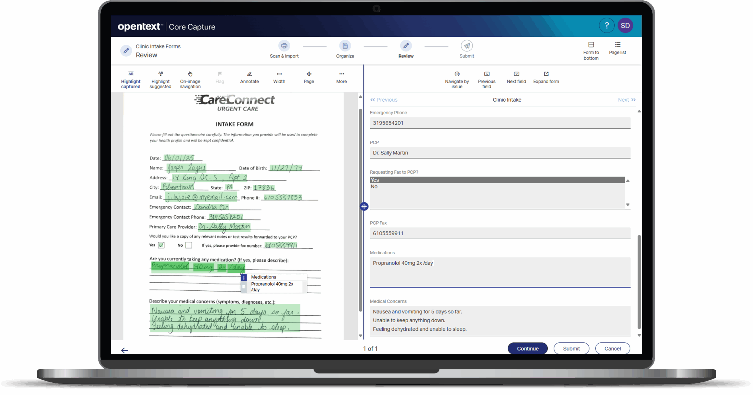 See a screenshot of OpenText Core Capture extracting data from a form with handwriting.