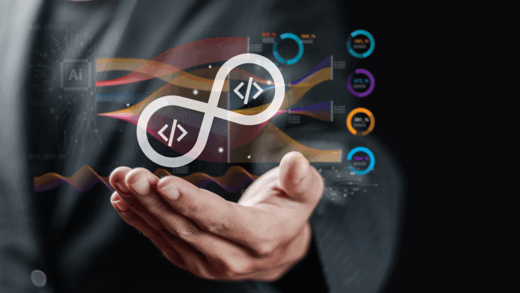 devops infinity loop floats above a devops worker's hand, indicating continuous testing means continuous quality