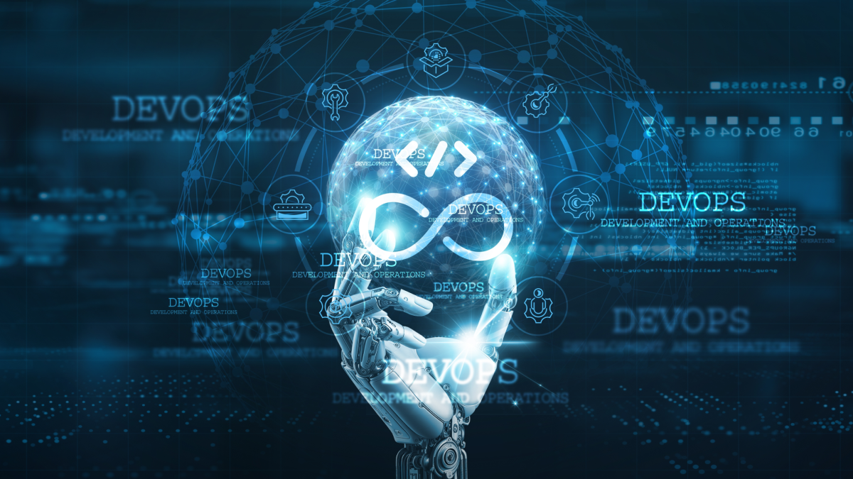 a ghostlile AI hand holds up a protected sphere with devops infinity loop inside, indicating modern devops is a devops platform for the AI era