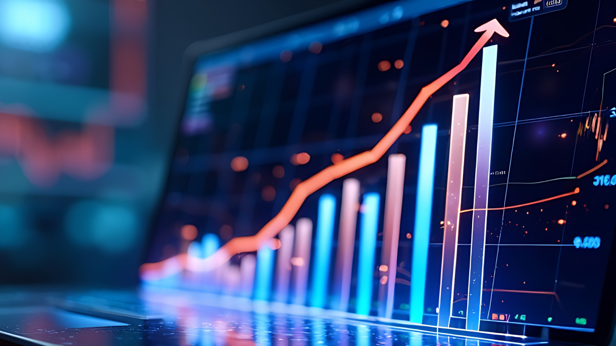 a dark background with a colourful bar graph on a monitor showing devops for financial services