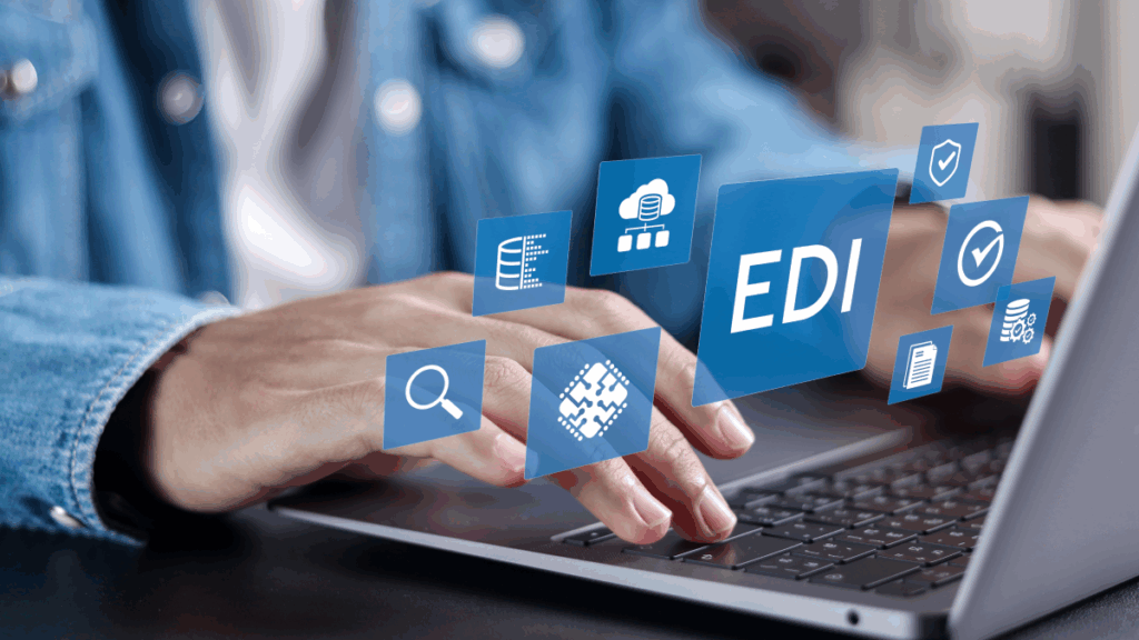 hands typing on a keyboard with graphics that read 