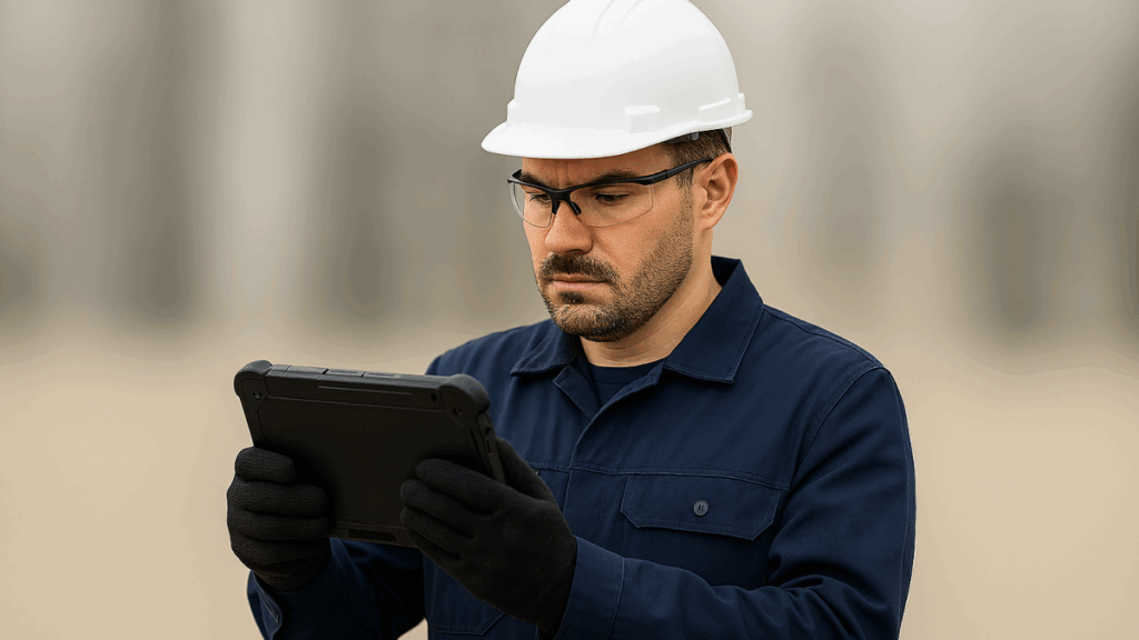 midshot of male field worker on a tablet, focusing on asset operations with unified information, GenAI, and automation.