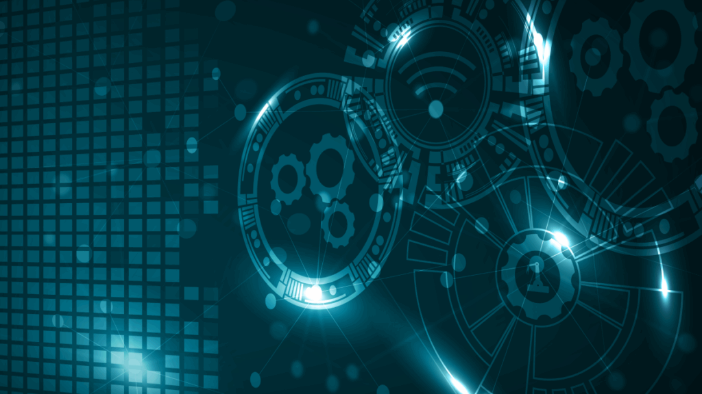 Abstract digital background with glowing gears, circuit patterns, and network icons symbolizing IoT, automation, and predictive intelligence.