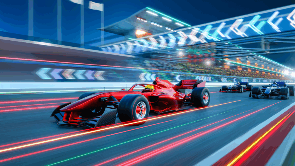red race car blurs by at high speed depicting how OpenText DevOps Cloud is always ahead of competitors