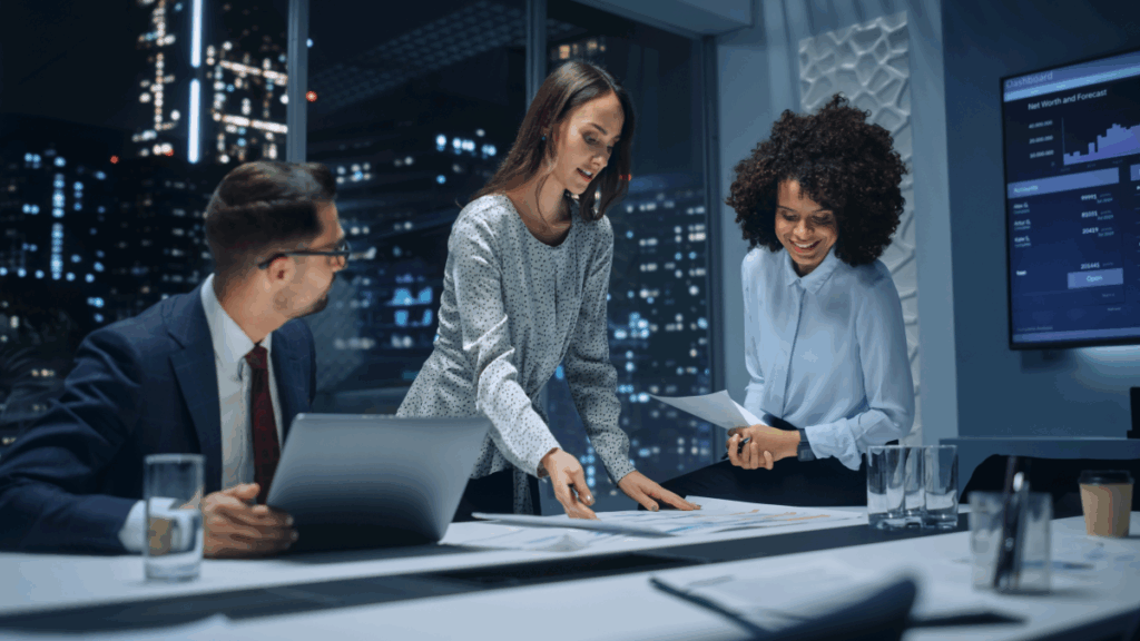 people working late in an office high rise